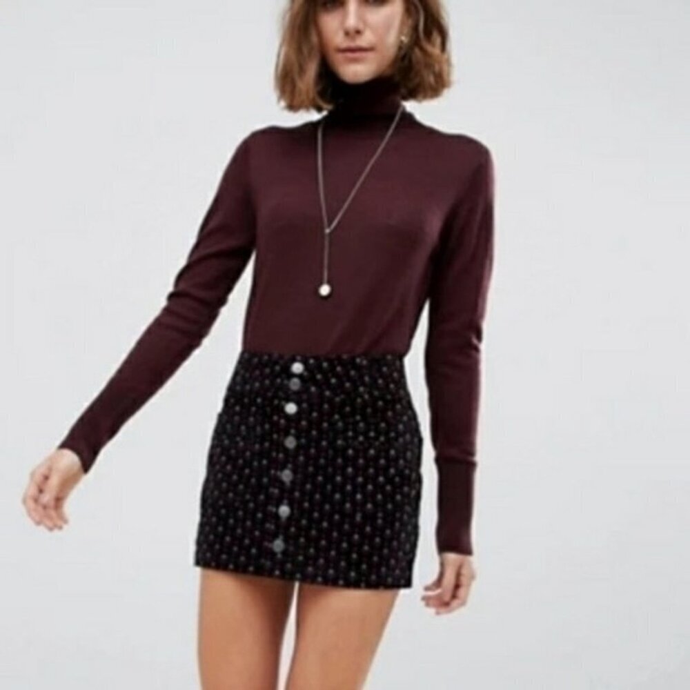 NWT Free People Joanie Printed Corduroy Skirt Black Red 30